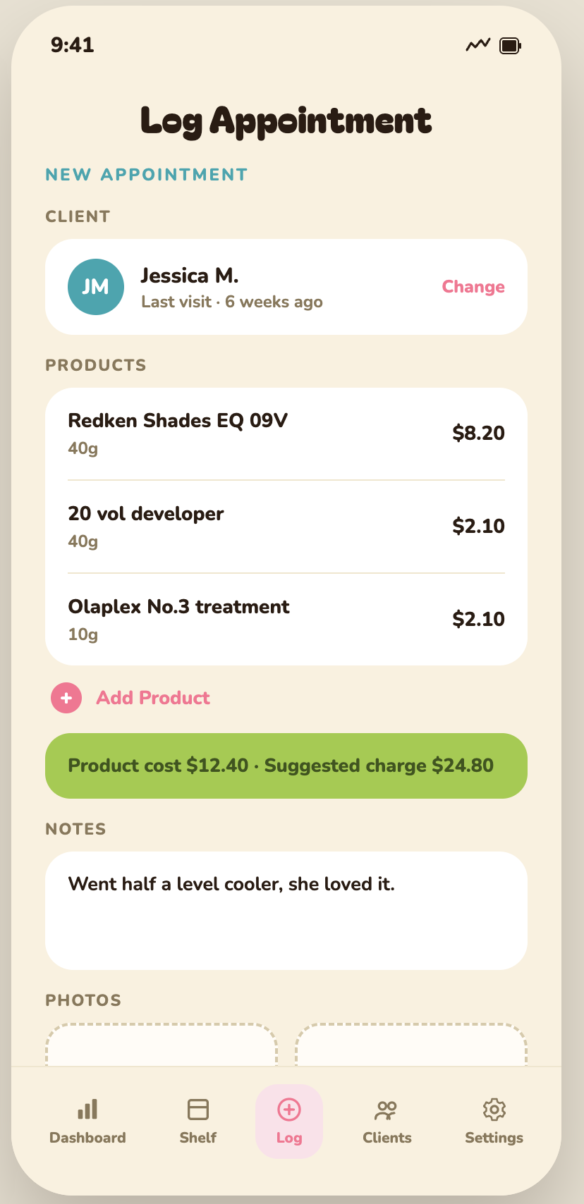 Vela log appointment screen with product cost breakdown