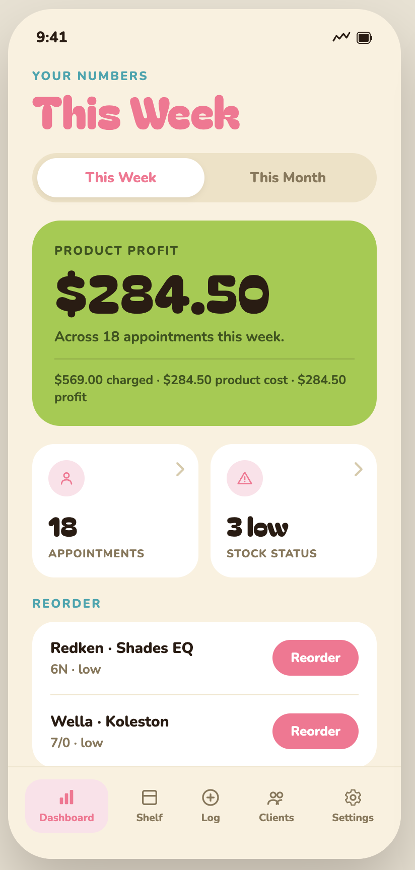Vela dashboard overview showing weekly profit and reorder list