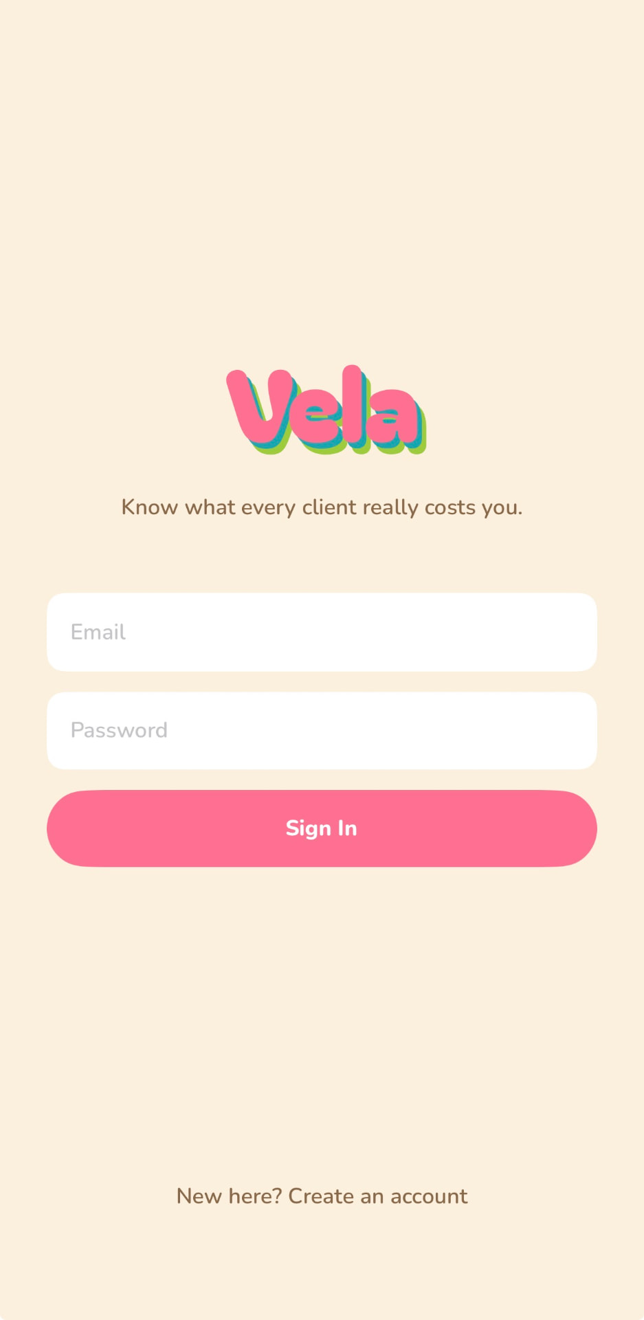 Vela sign-in screen